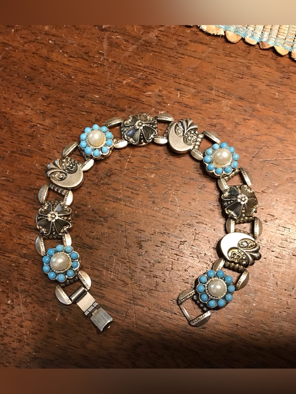 Vintage Silver-Tone Bracelet with Turquoise and Pearl Accents